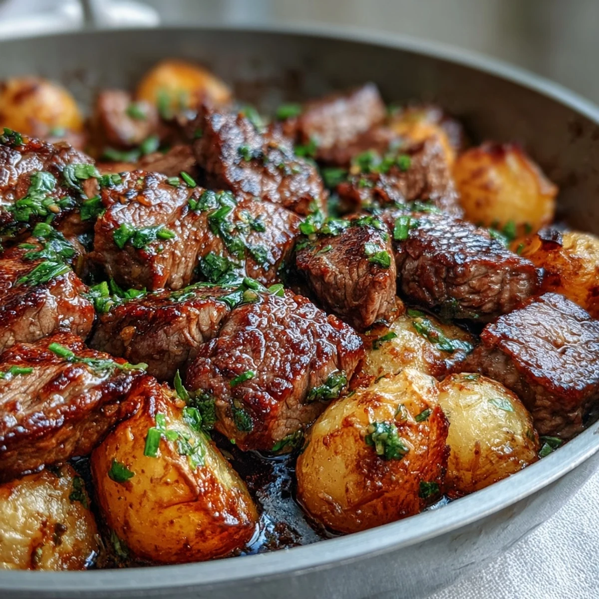 Golden seared steak bites and crisp potato wedges glisten in a rich garlic butter sauce, perfect for an easy skillet dinner.