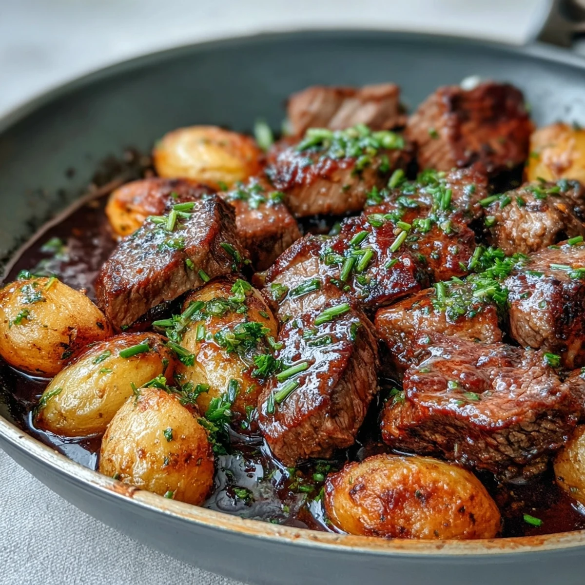 Savory Garlic Butter Steak & Potato Skillet combines tender beef and herbs, served steaming in a rustic cast-iron pan.
