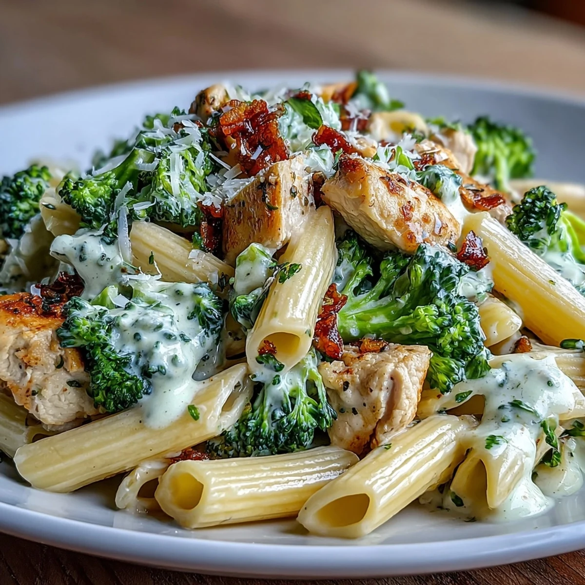 Creamy Garlic Parmesan Broccoli & Chicken Pasta with golden chicken and fresh parsley garnish.