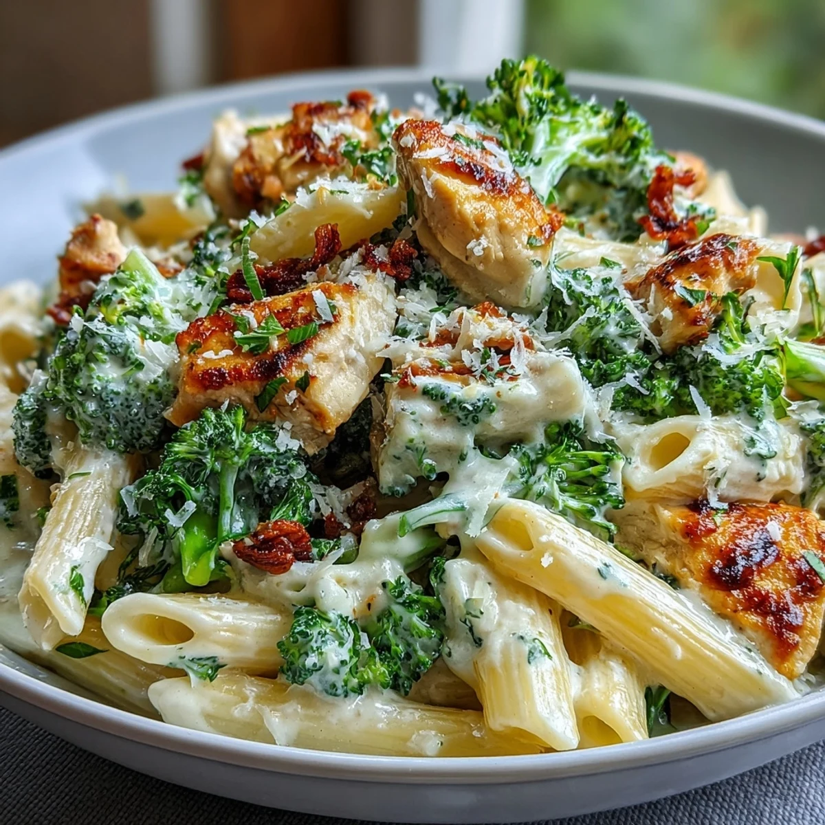 A skillet of Garlic Parmesan Broccoli & Chicken Pasta with tender broccoli florets and melted cheese.