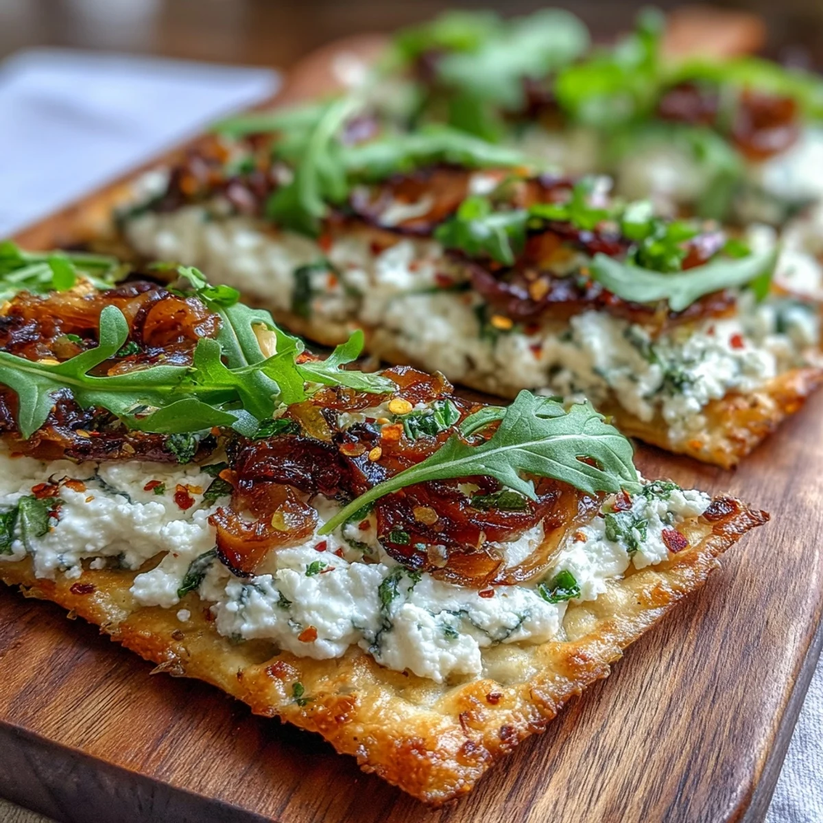 Freshly baked Goat Cheese & Caramelized Onion Flatbread with creamy cheese, sweet onions, and chili flakes on a wooden board.