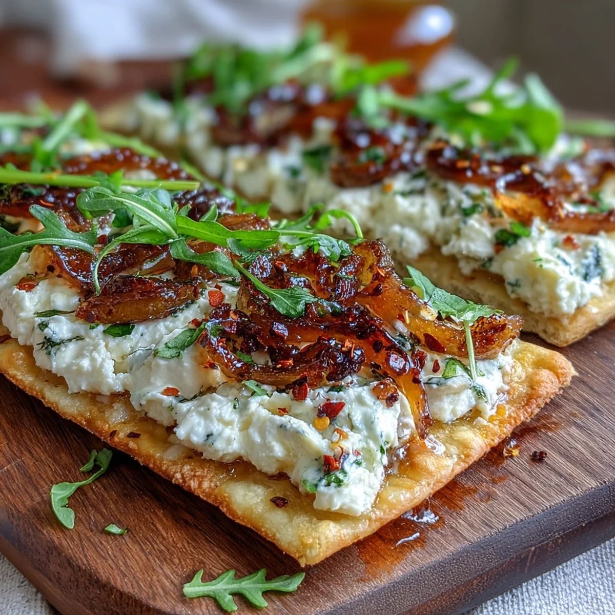 Rustic Goat Cheese & Caramelized Onion Flatbread served warm, drizzled with honey, perfect for a Mediterranean-inspired dinner party.