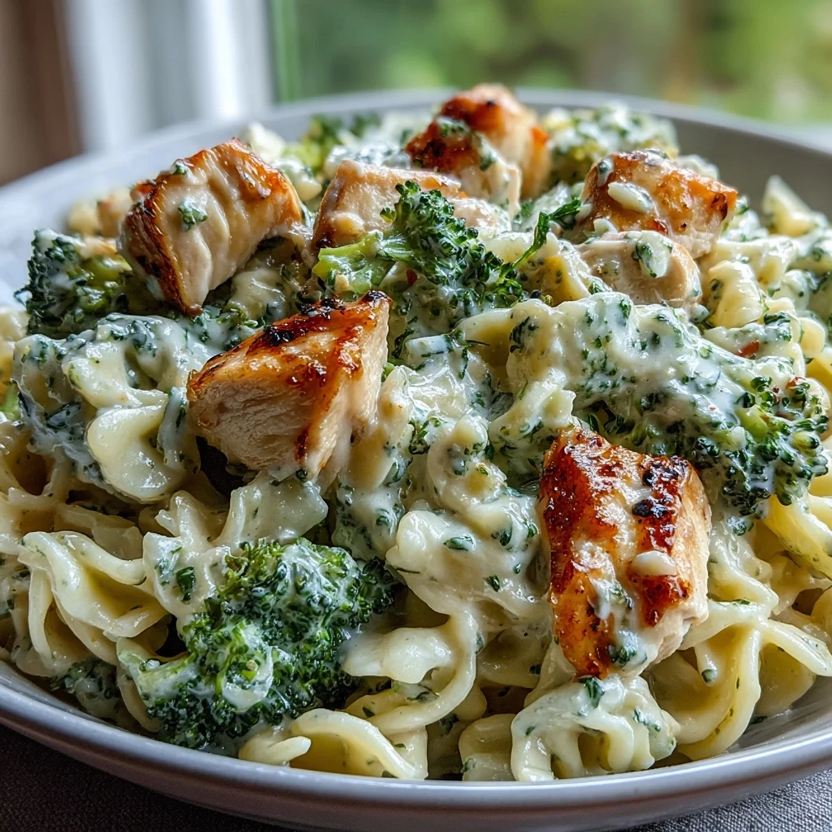 Creamy Garlic Parmesan Broccoli & Chicken Pasta is plated, garnished with parsley and extra Parmesan cheese.