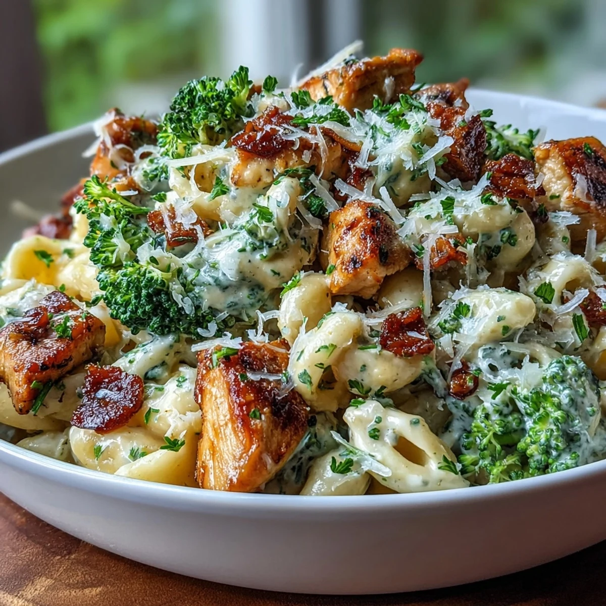 Savory Garlic Parmesan Broccoli & Chicken Pasta steams beside a glass of crisp white wine.