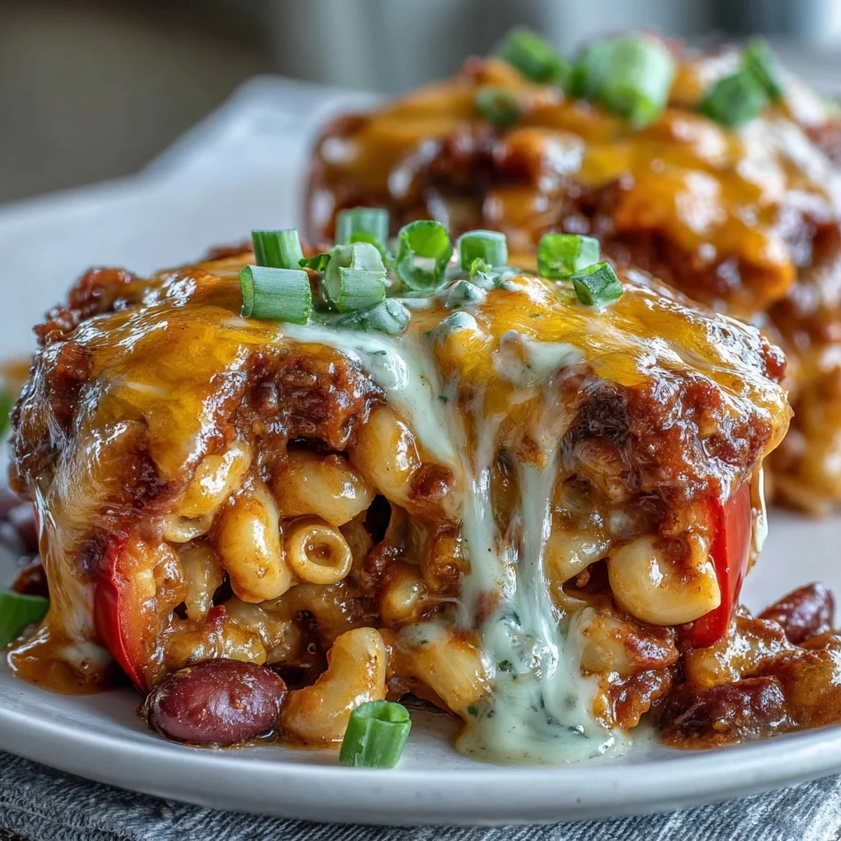 Golden-brown baked chili mac stuffed peppers with bubbling cheddar cheese, served hot.