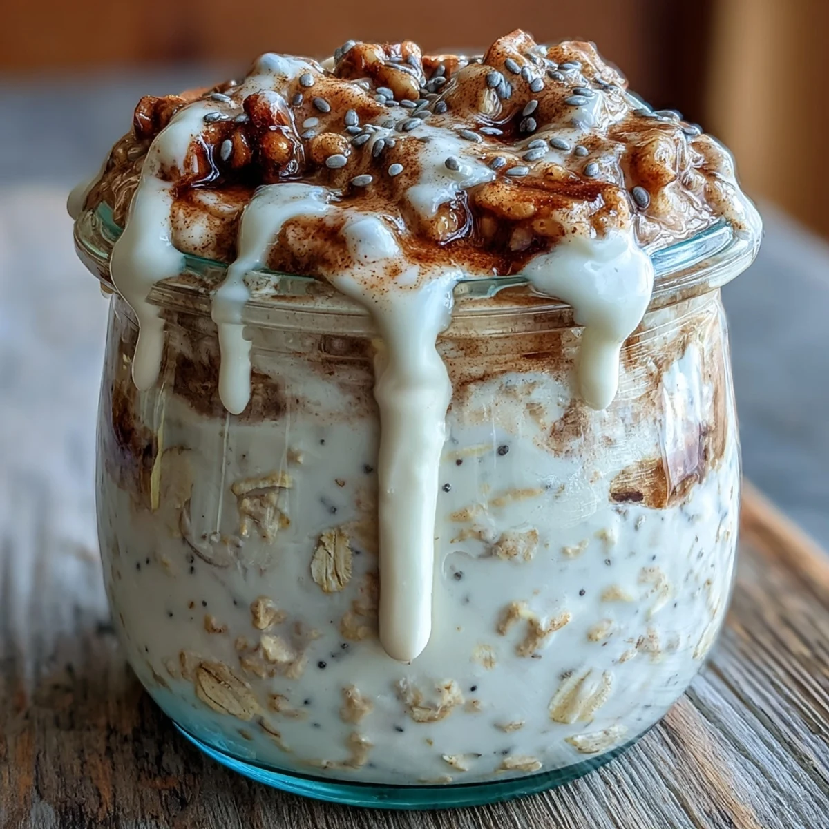 High-Protein Cinnamon Roll Overnight Oats in a glass jar, layered with creamy oats and a luscious cream cheese drizzle.