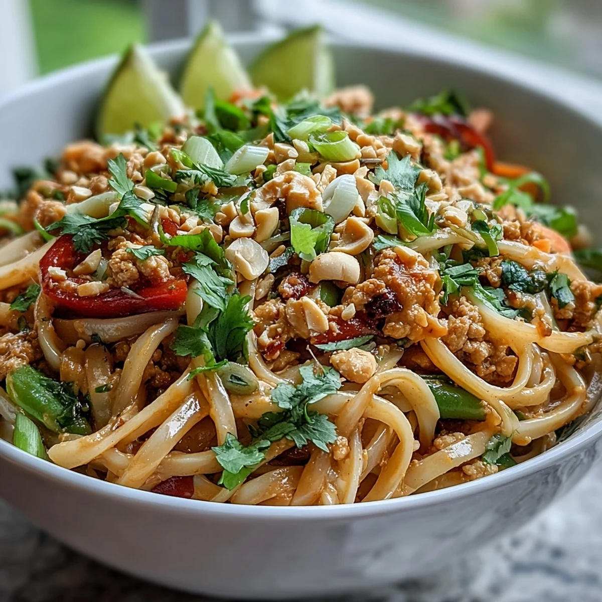 Spoon lifting a serving of Creamy Thai-Inspired Peanut Noodle Bowls next to lime wedges and a pair of chopsticks.