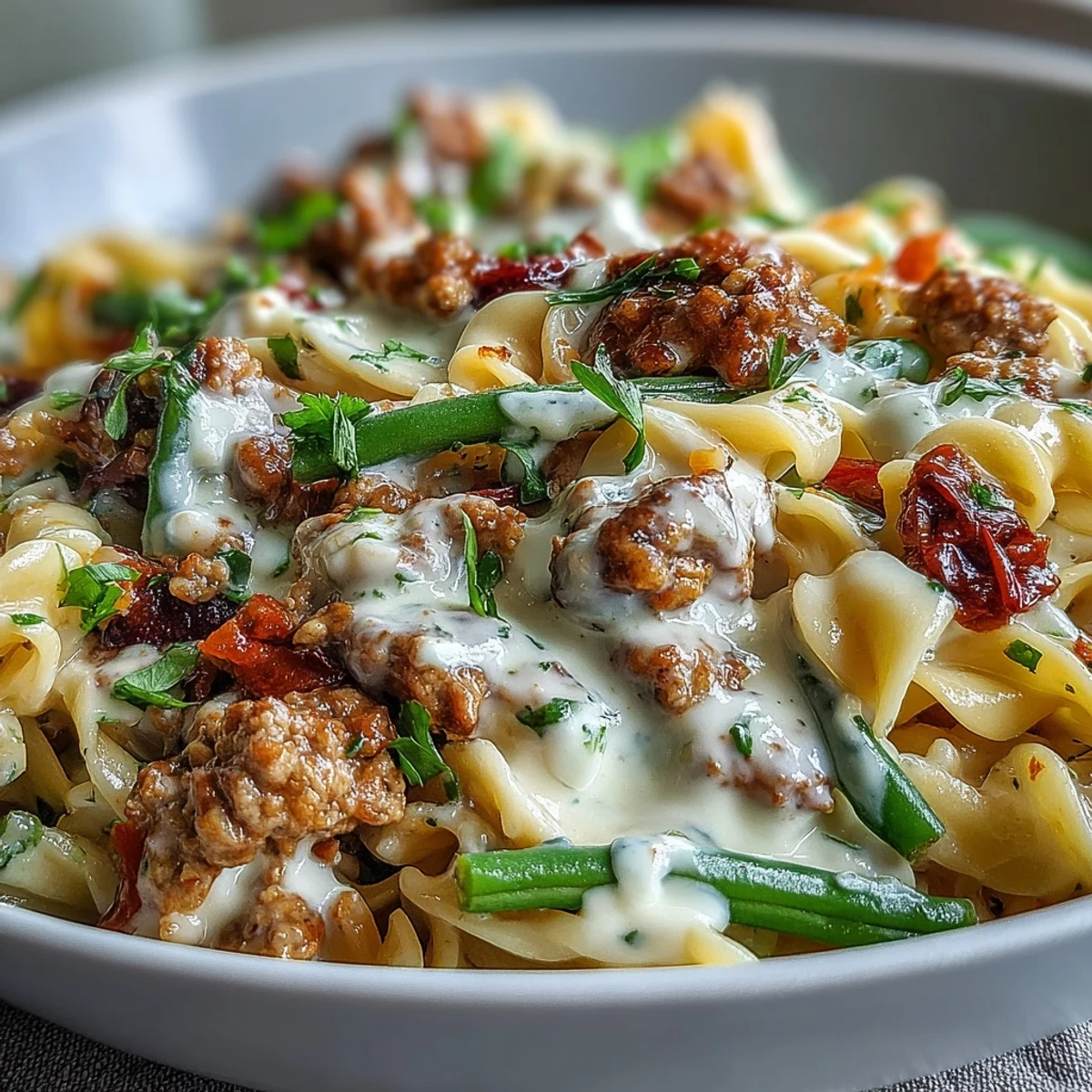 A close-up of Creamy Ranch Turkey & Veggie Skillet in a skillet, featuring browned ground turkey and vibrant mixed vegetables coated in a rich, cheesy sauce.