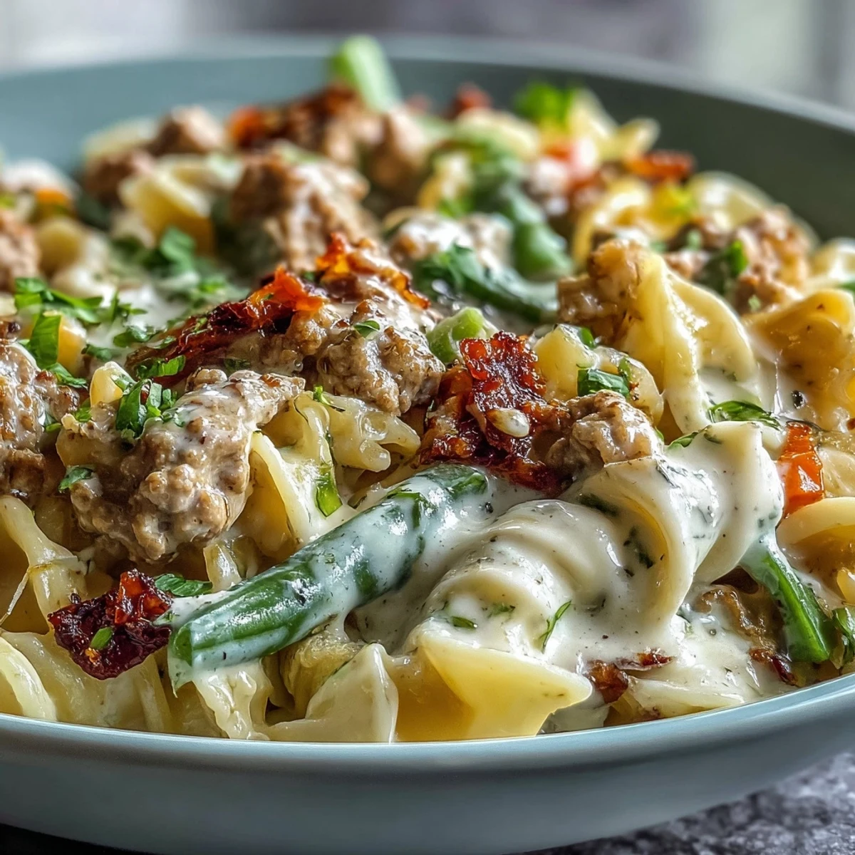 A white bowl filled with Creamy Ranch Turkey & Veggie Skillet served over fluffy pasta, garnished with fresh parsley and a side of grated parmesan.