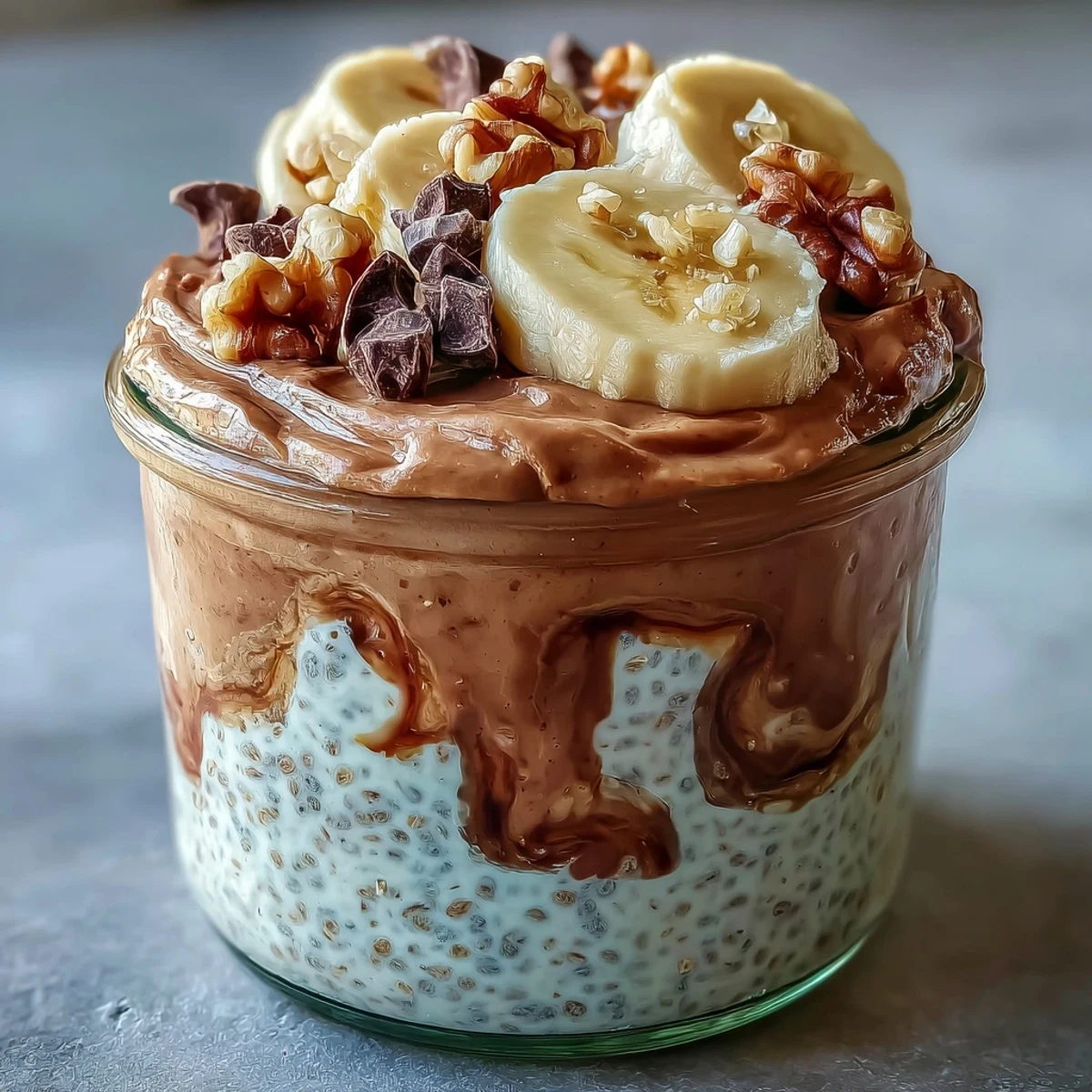 Spoon dipping into Chunky Monkey Overnight Chia Pudding shows the textured chia seeds and bananas in a wholesome breakfast presentation.