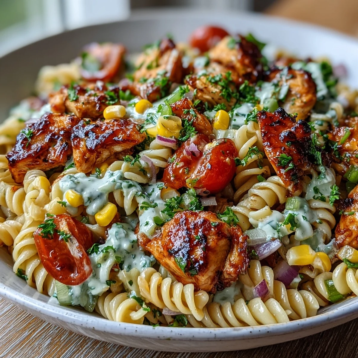 Sun-kissed Honey BBQ Chicken Pasta Salad in a white bowl, featuring twirly rotini pasta, glossy glazed chicken, bright cherry tomatoes, and crisp red bell peppers for a summer potluck.