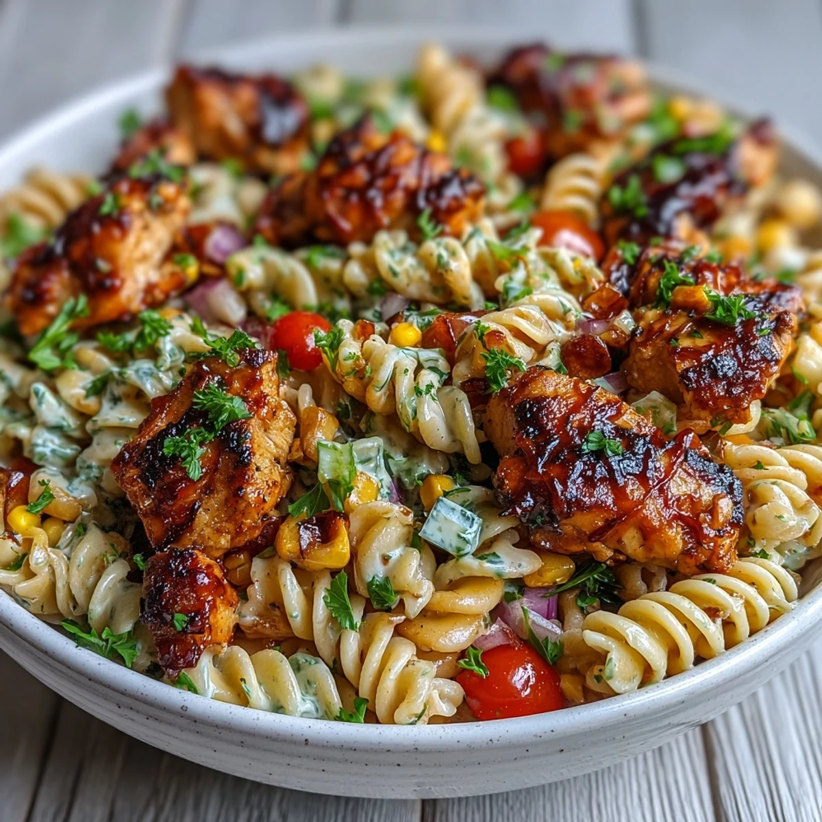 Freshly prepared Honey BBQ Chicken Pasta Salad plated for serving, garnished with lively herbs, showcasing colorful vegetables, and drizzled with creamy honey-BBQ sauce for a delicious main dish.