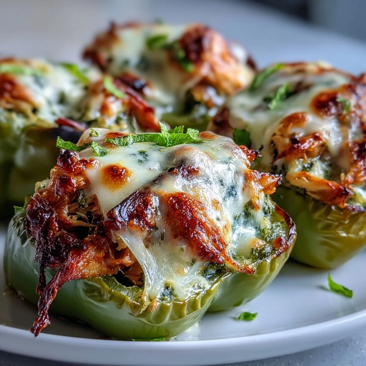 Golden, bubbly mozzarella tops mini sweet peppers stuffed with juicy pesto chicken on a baking sheet. Pesto Chicken Stuffed Sweet Peppers are served warm, perfect for a gluten-free appetizer platter.