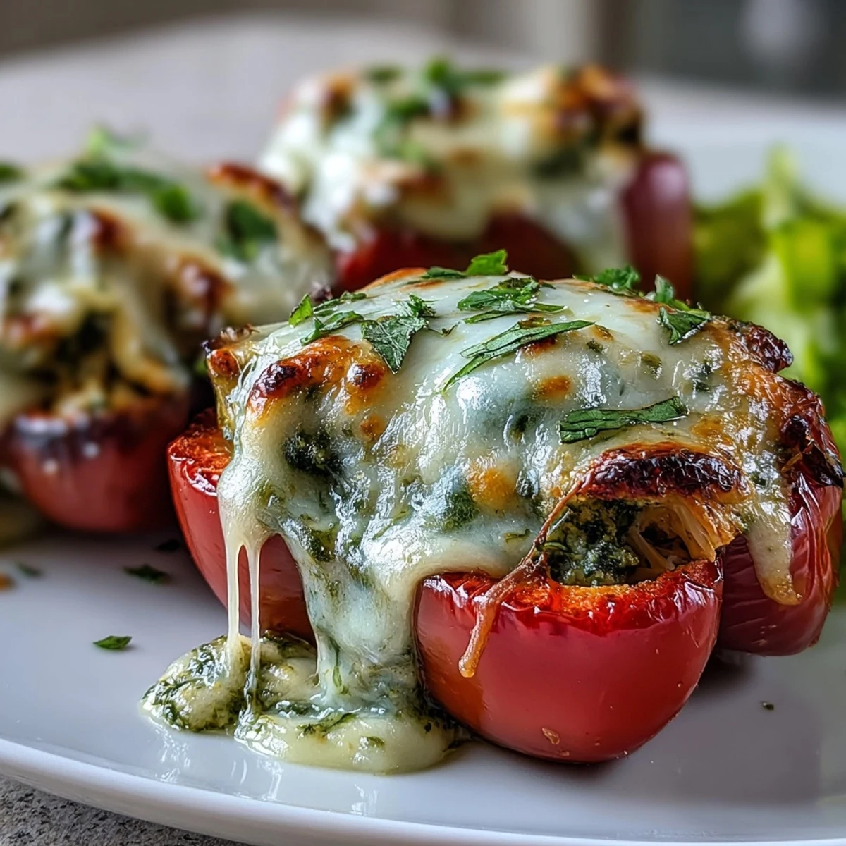 A close-up shows tender mini peppers filled with vibrant green pesto chicken and gooey melted cheese. These Pesto Chicken Stuffed Sweet Peppers are garnished with fresh basil for an Italian-inspired bite.