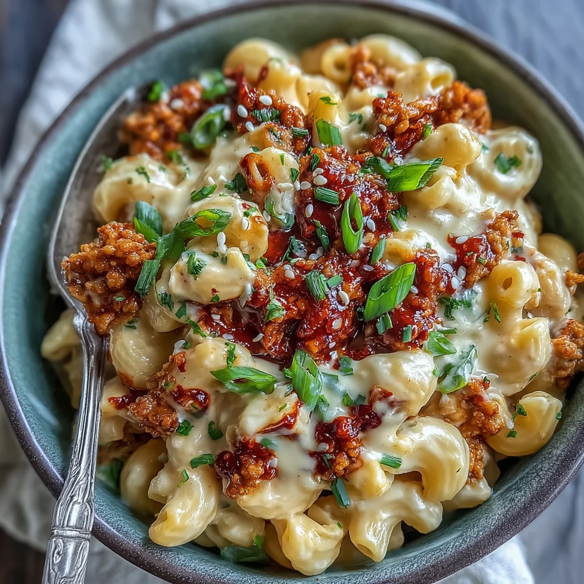 A fork lifts a cheesy portion of Korean-Style Turkey Mac & Cheese, revealing tender pasta and savory meat.