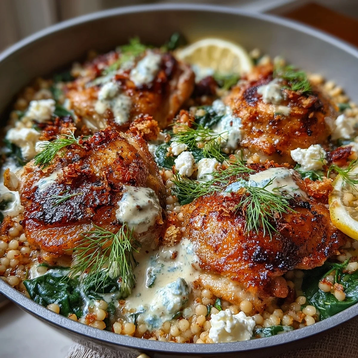 Golden-brown, tender chicken thighs rest on a bed of creamy lemon Greek pearl couscous with baby spinach and crumbled feta.