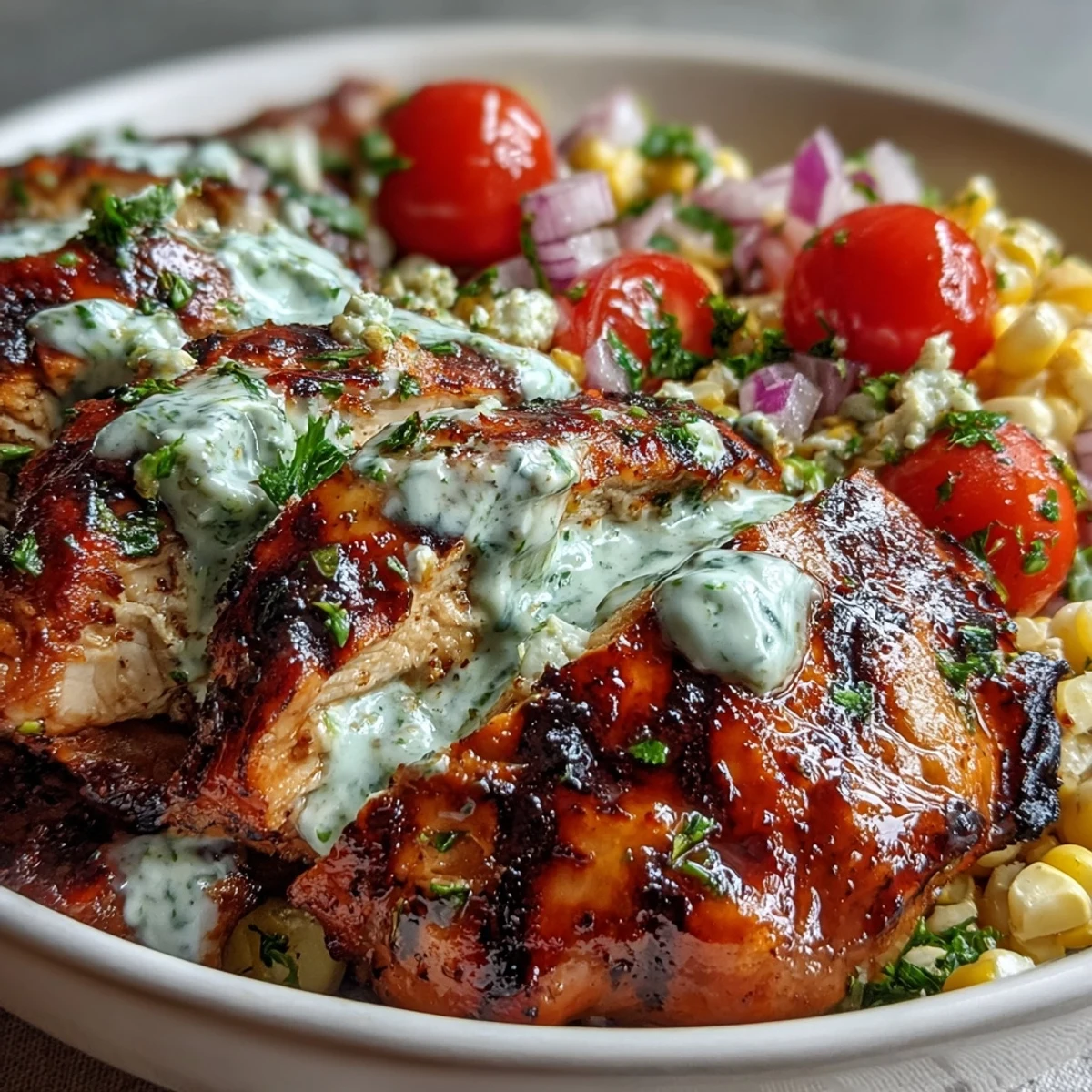 Sliced grilled chicken and charred street corn fill these Healthy Chicken and Street Corn Bowls, topped with crisp veggies and drizzled with creamy Greek yogurt dressing.
