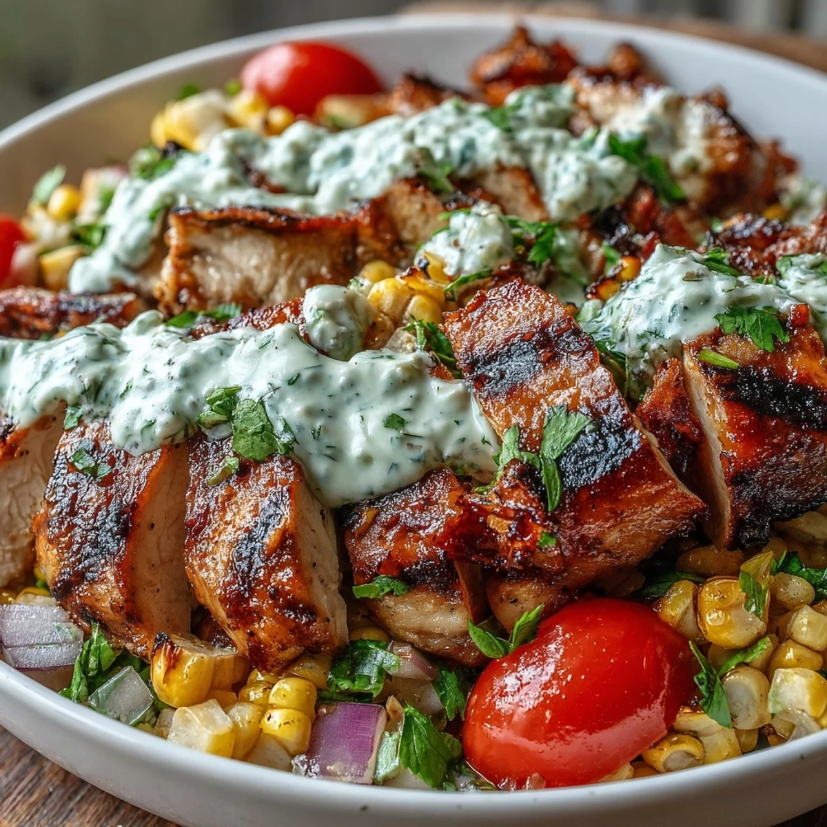 Freshly chopped romaine, cherry tomatoes, and red onion create a crisp base for the Healthy Chicken and Street Corn Bowls, garnished with crumbled cotija cheese.