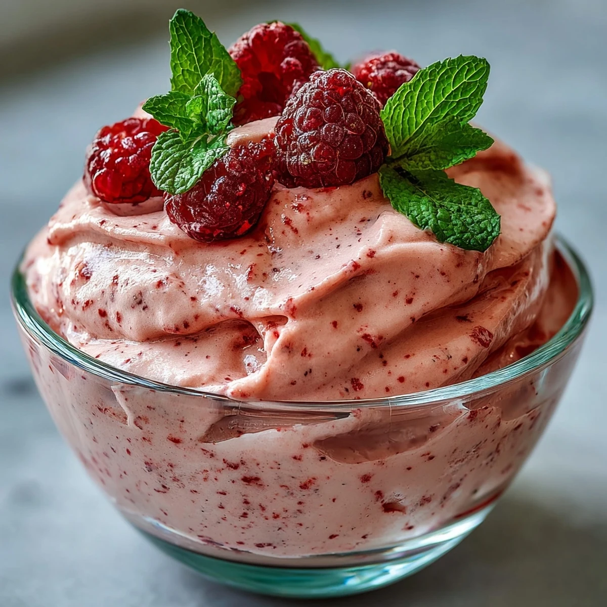 Four clear serving glasses of Cottage Cheese Raspberry Mousse topped with fresh raspberries and mint, perfect for a light dessert.