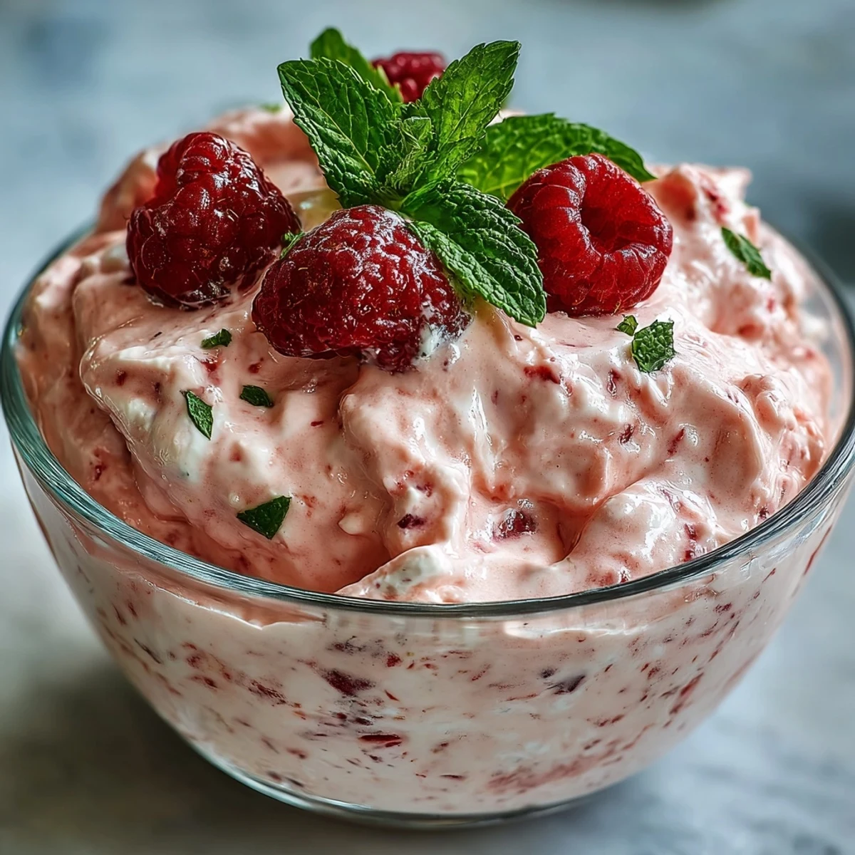 Smooth Cottage Cheese Raspberry Mousse in a glass garnished with mint, ready to serve after one hour of chilling.