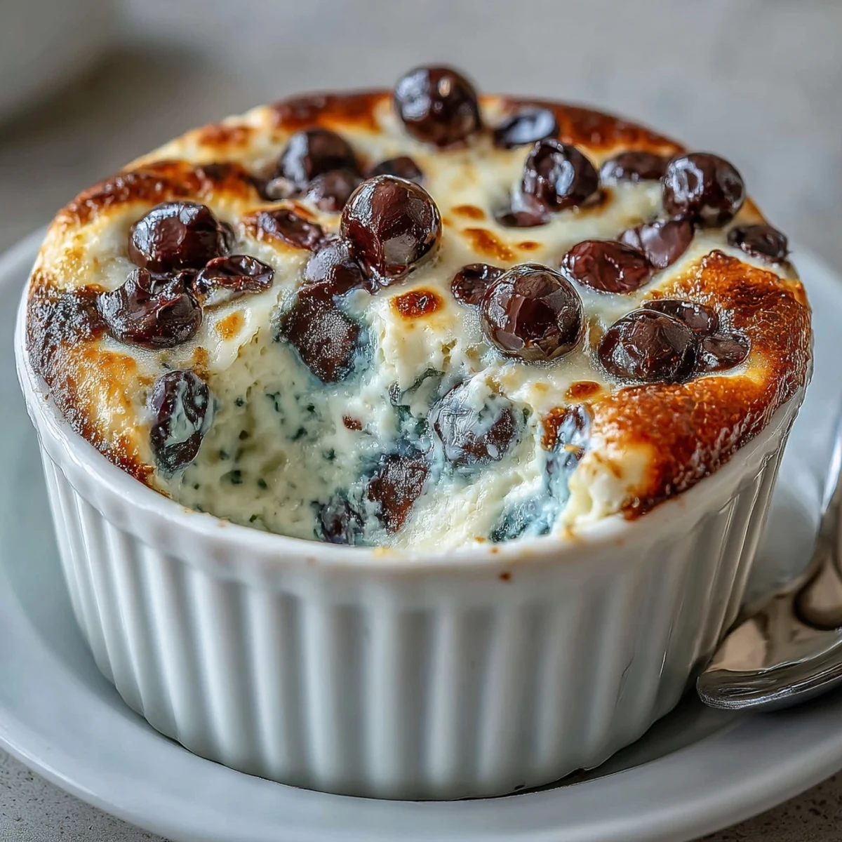 Golden, puffed Baked Greek Yogurt with fresh blueberries served warm in a ramekin.