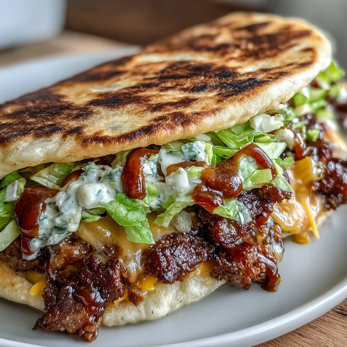 Close-up of a Smash Burger Taco with juicy beef and melty American cheese, served alongside pickles and a side of fries.