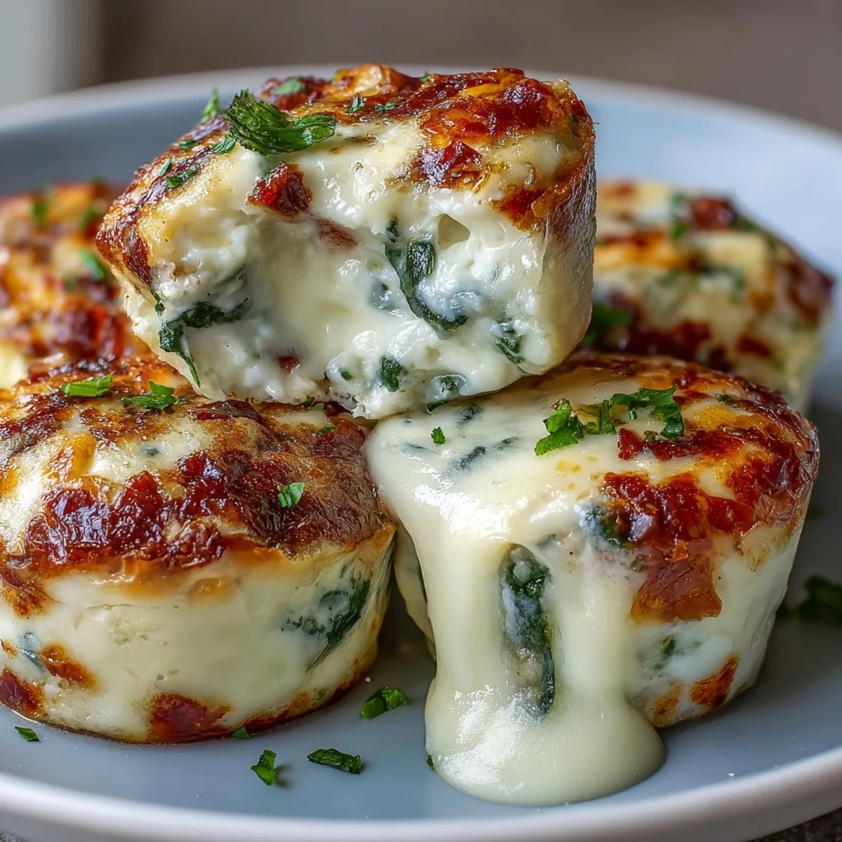 Twelve savory Easy Cottage Cheese Egg Bites arranged on a rustic wooden platter alongside fresh fruit for a wholesome breakfast spread. 
