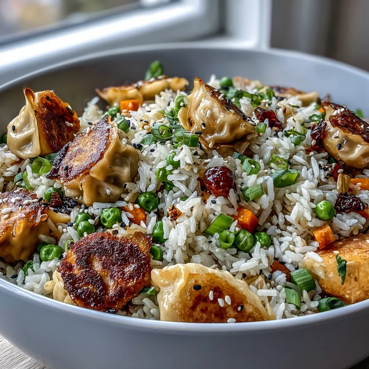Serve this Asian-inspired fried rice hot in a bowl with sesame seeds and a drizzle of sriracha.