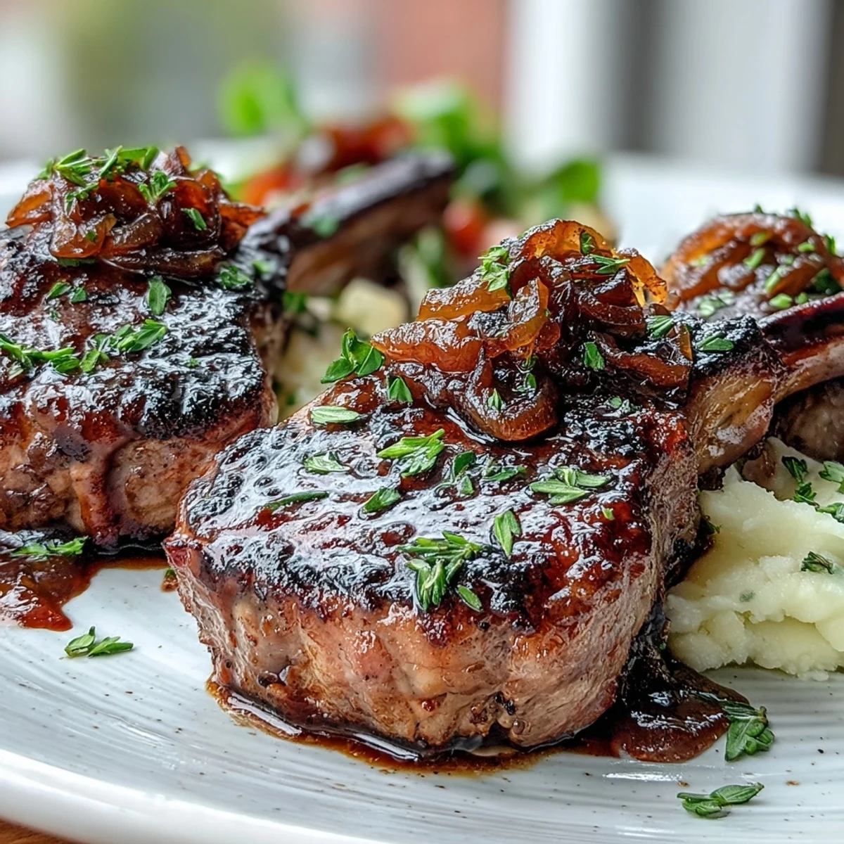 A skillet of glazed lamb chops finished with a rich, tangy balsamic onion jam and Dijon mustard.