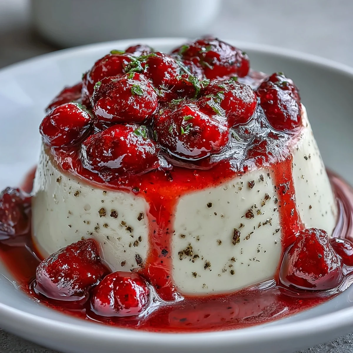 Cardamom Panna Cotta recipe plated with a drizzle of warm berry compote and a crisp biscotti on the side.