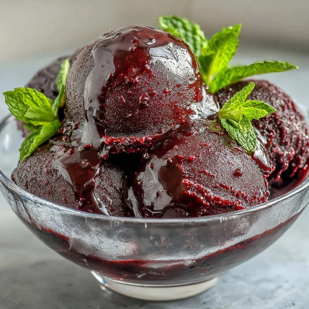 Rich violet Black Currant Sorbet in a white ceramic cup, topped with whole berries and served beside a sparkling wine flute.