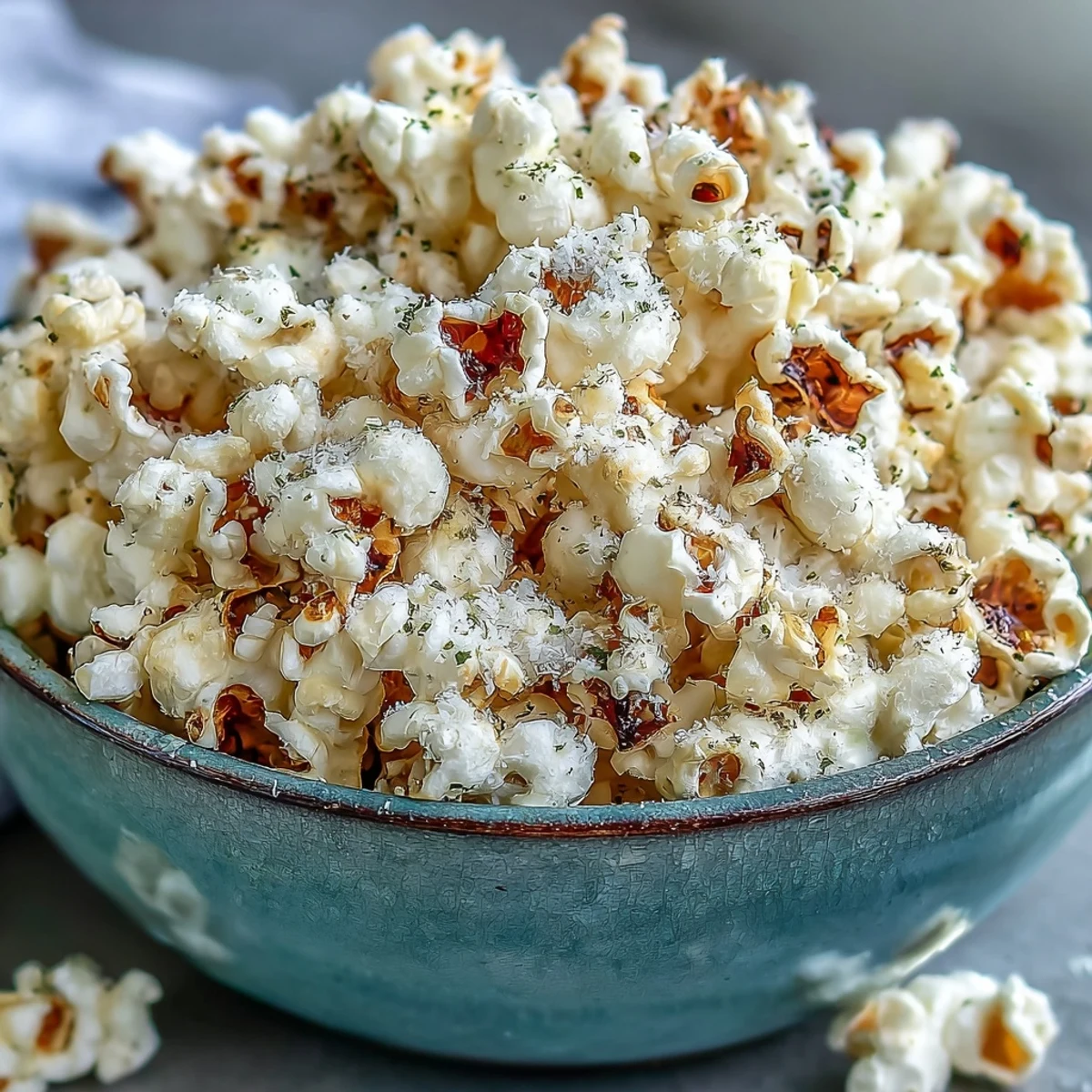 Aerial view of homemade Truffle Popcorn in a rustic bowl, generously coated in white truffle oil and freshly grated Parmesan. 