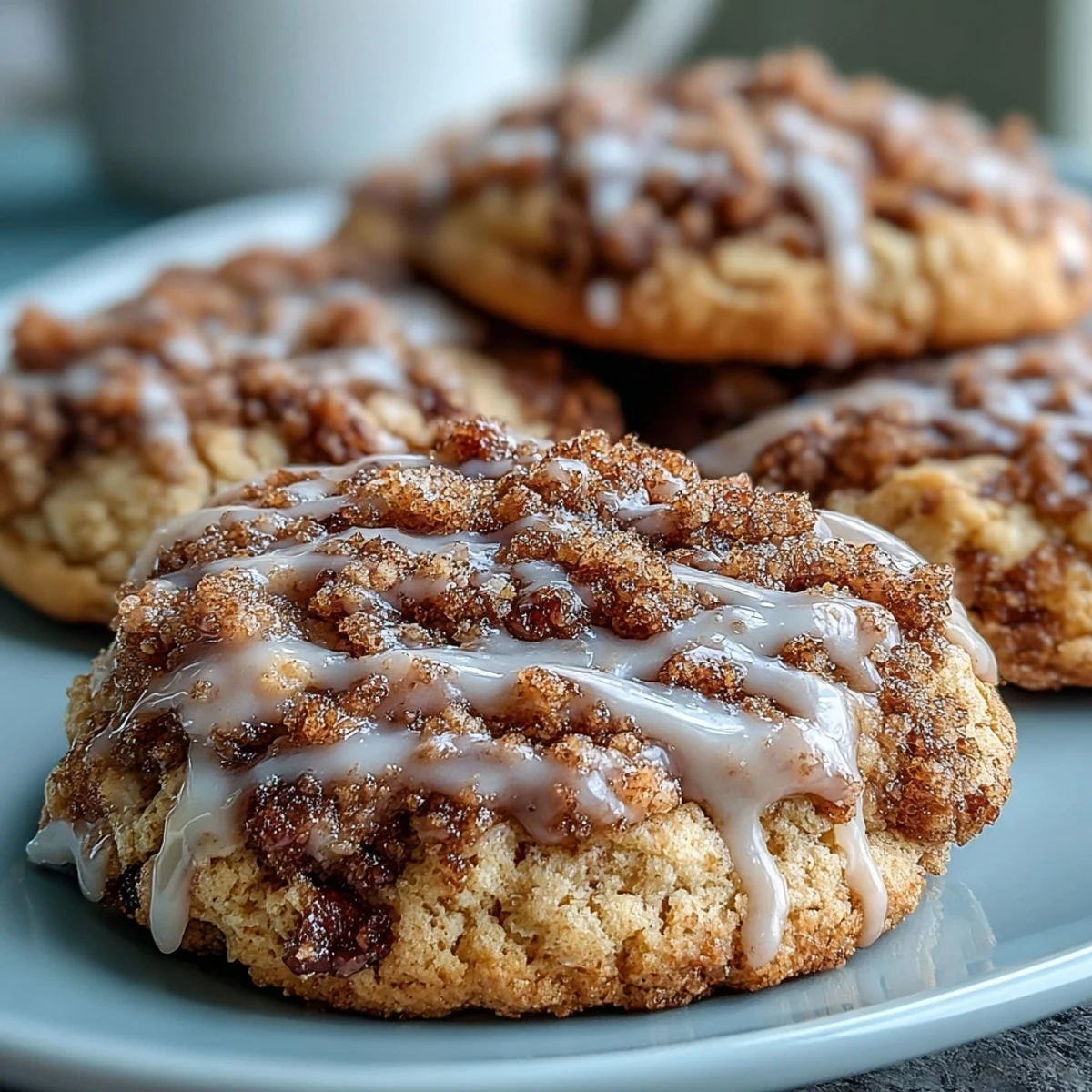 Freshly baked Gilmore Girls Coffee Cake Cookies on a wire rack with sticky cinnamon streusel and vanilla glaze drizzle.