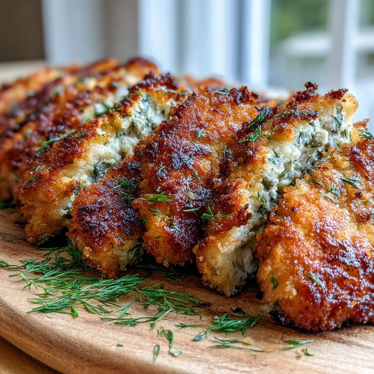 Crispy Dill Pickle Parmesan Chicken cutlets are golden-fried and served on a plate with fresh dill and extra pickles.