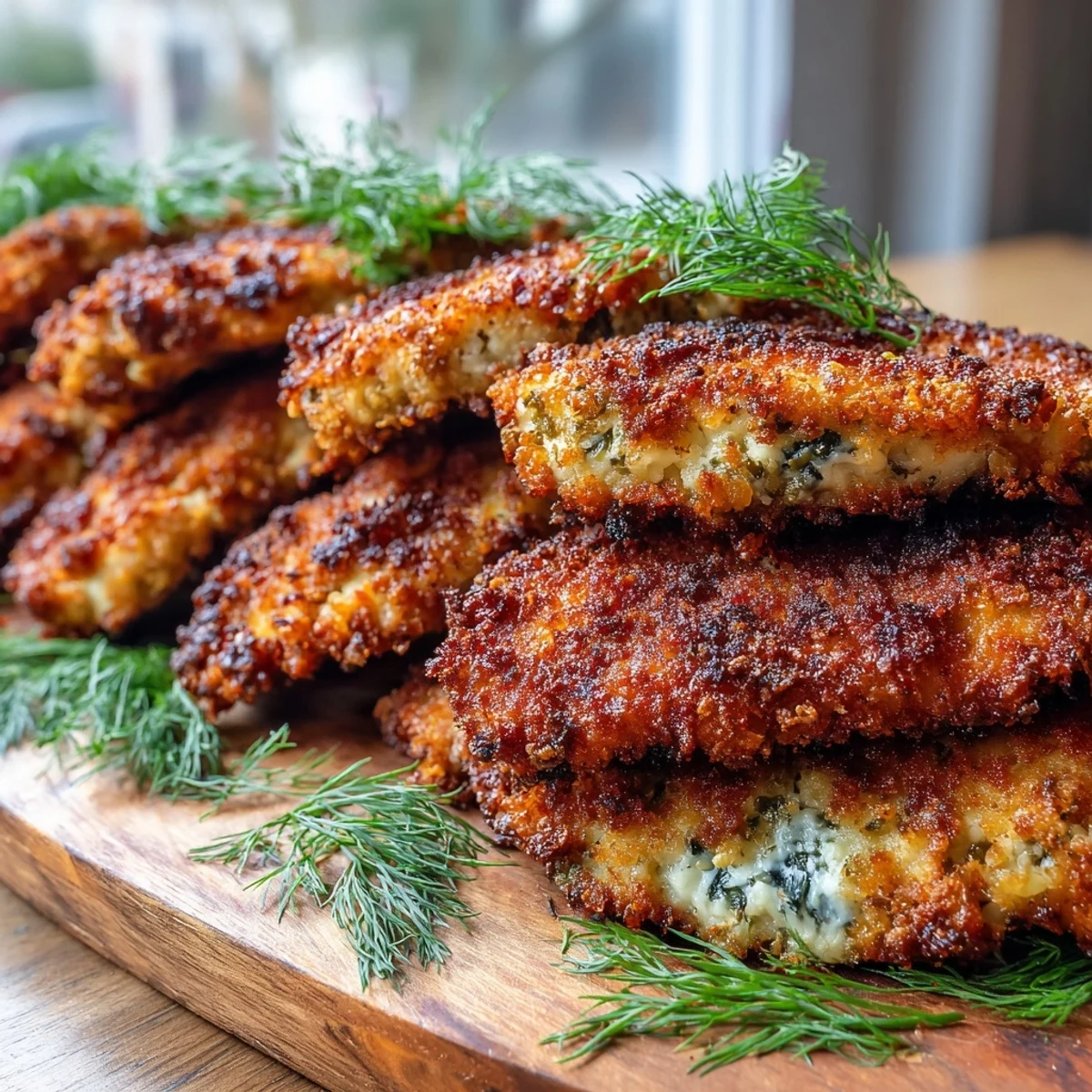 Golden-brown Crispy Dill Pickle Parmesan Chicken breast sliced to reveal juicy interior, paired with tangy dill pickle spear.