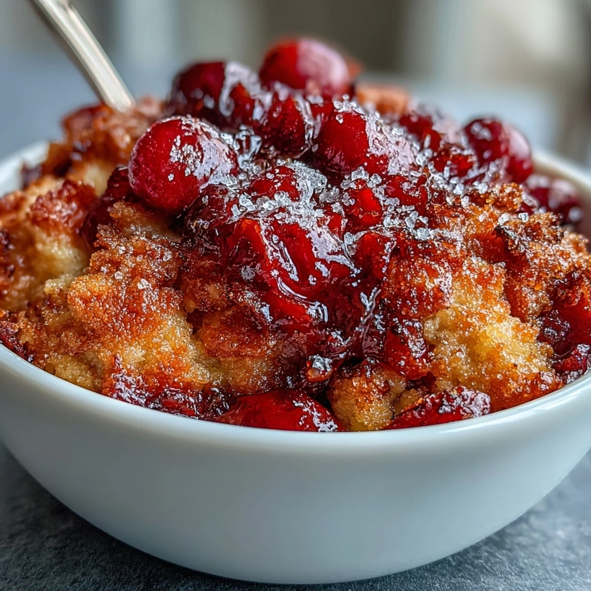 Freshly baked Crispy Cranberry Cobbler with coarse sugar crust, orange zest, and buttery crumbles in a dish.