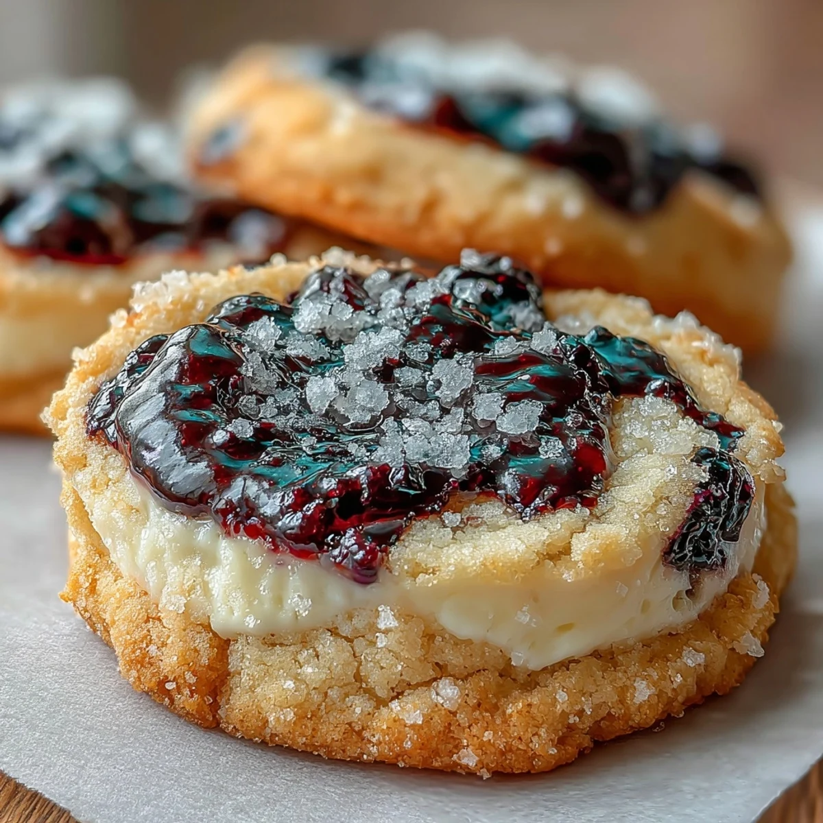 A close-up shows Easy Blueberry Cheesecake Swirl Cookies with glistening blueberry swirls, sitting beside fresh blueberries and a glass of milk for dipping.
