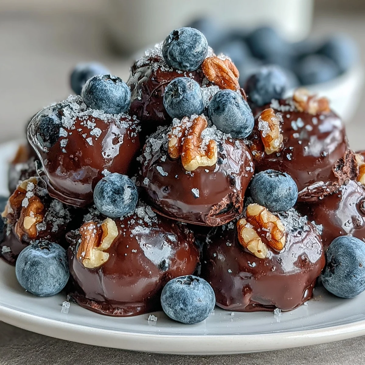 Tall clusters of Wholesome Frozen Blueberry Yogurt Clusters on a baking sheet, featuring blueberries and walnuts in vanilla Greek yogurt, dipped in a shiny dark chocolate shell with flaky sea salt.