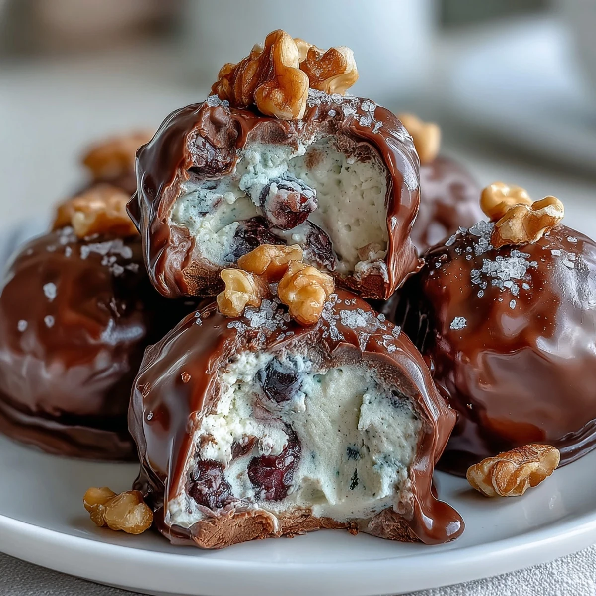 Vivid close-up of a Wholesome Frozen Blueberry Yogurt Cluster, showing its crisp dark chocolate coating cracked to reveal creamy yogurt, plump blueberries, and crunchy walnuts—perfect for a healthy grab-and-go snack.