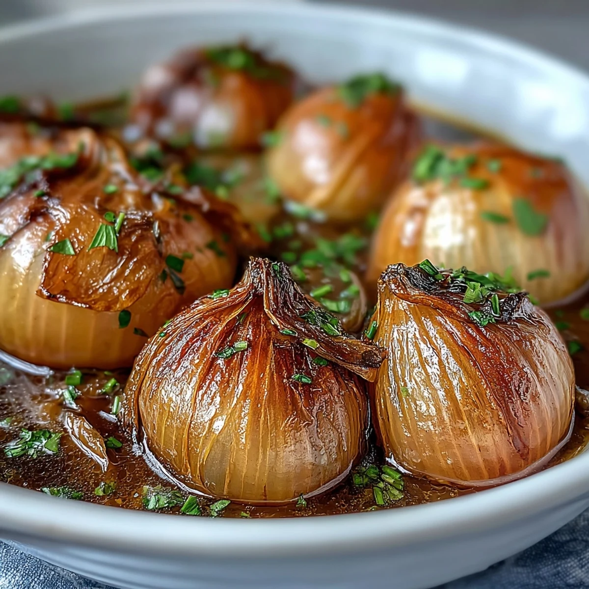 Whole peeled onions simmer in a fragrant, buttery spiced broth in a pot, garnished with fresh herbs for a cozy vegetarian meal.