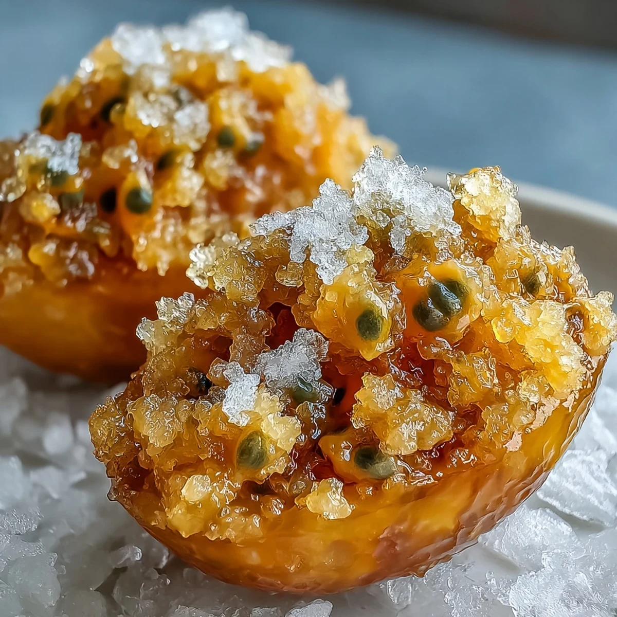 Flaky Passionfruit Granita layered in a glass, revealing icy textures and bright orange hues.