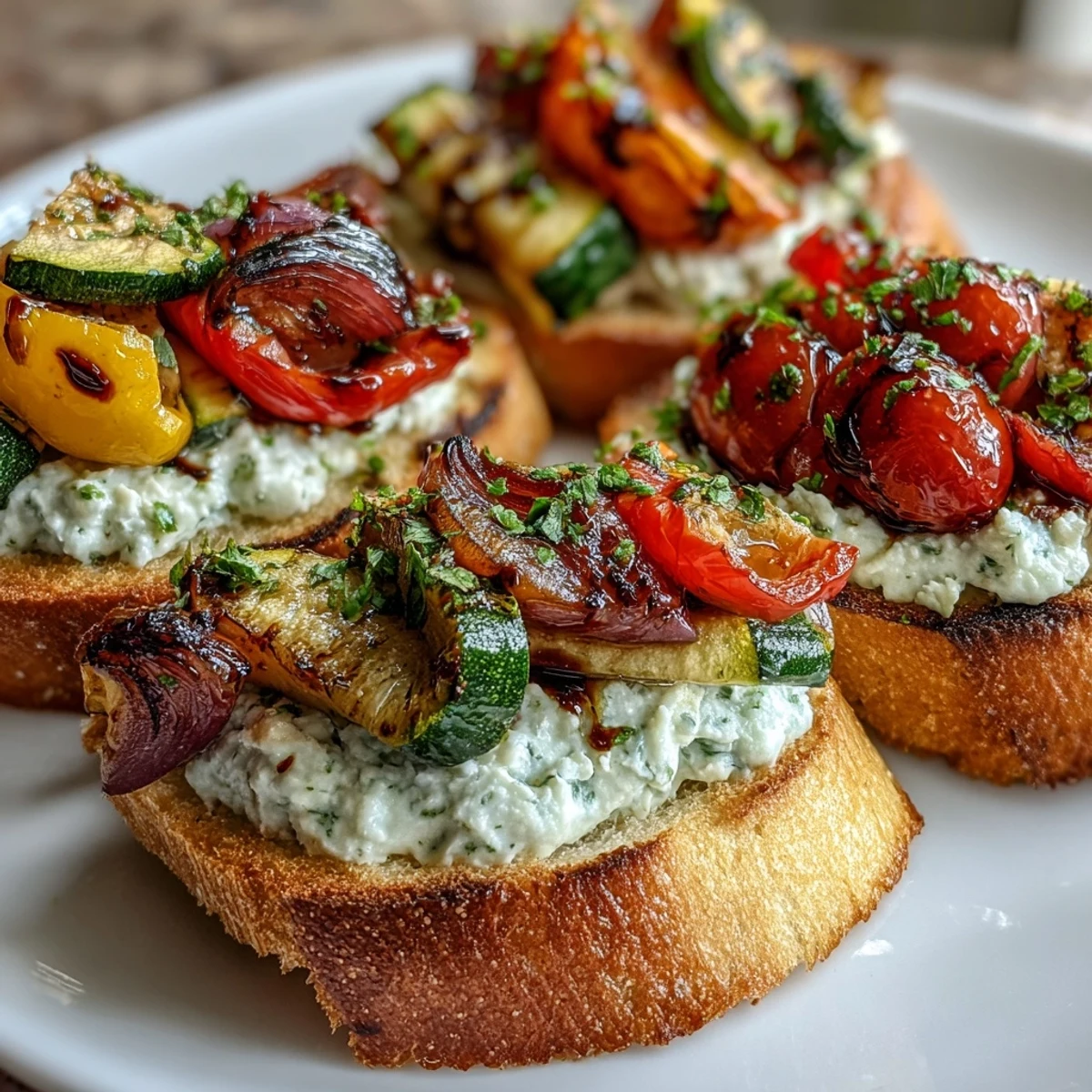 Charred zucchini and bell peppers garnish these easy, vegetarian garlic butter crostini with ricotta and balsamic glaze.