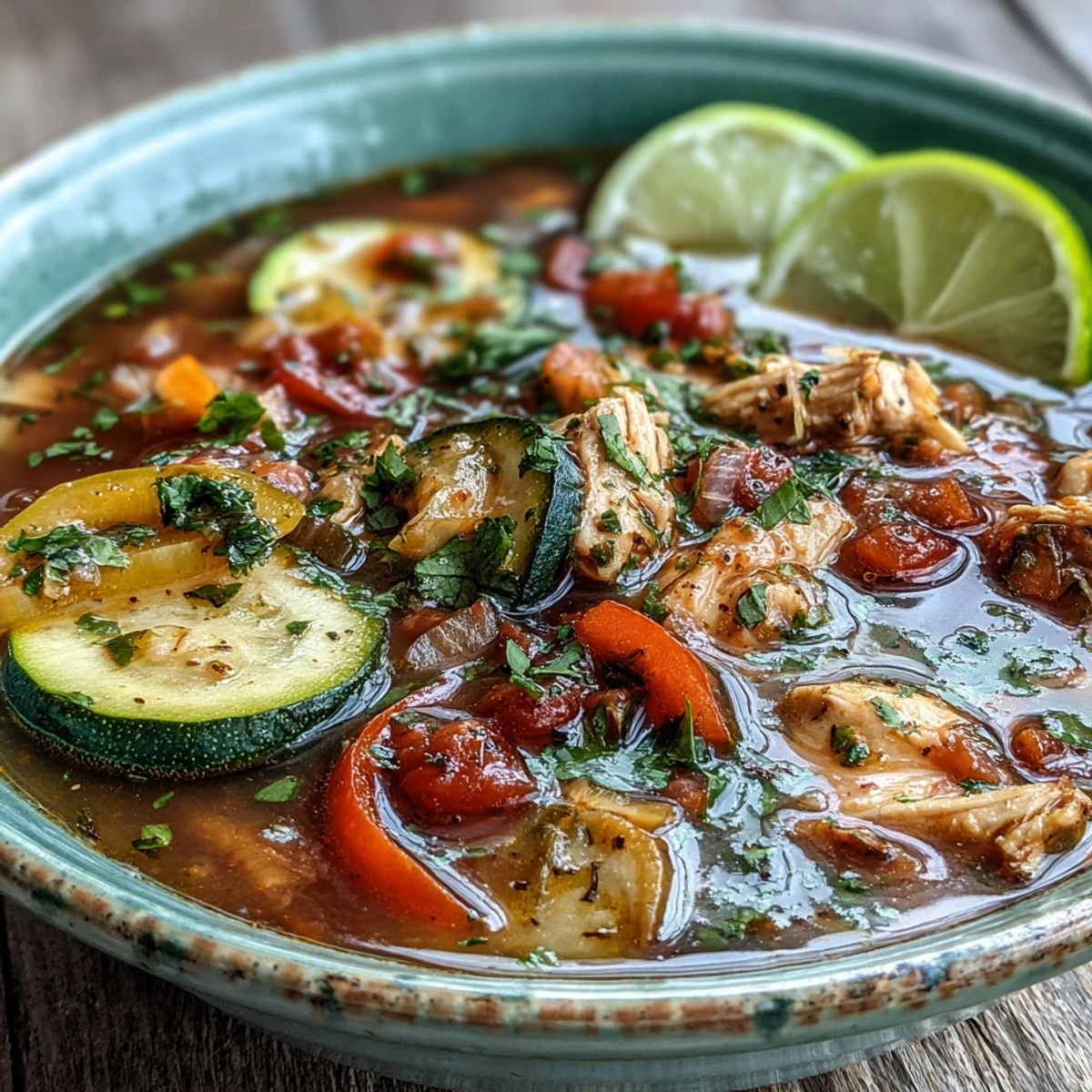 Steaming bowl of Skinny One-Pot Chicken Fajita Soup topped with fresh cilantro and lime wedges.