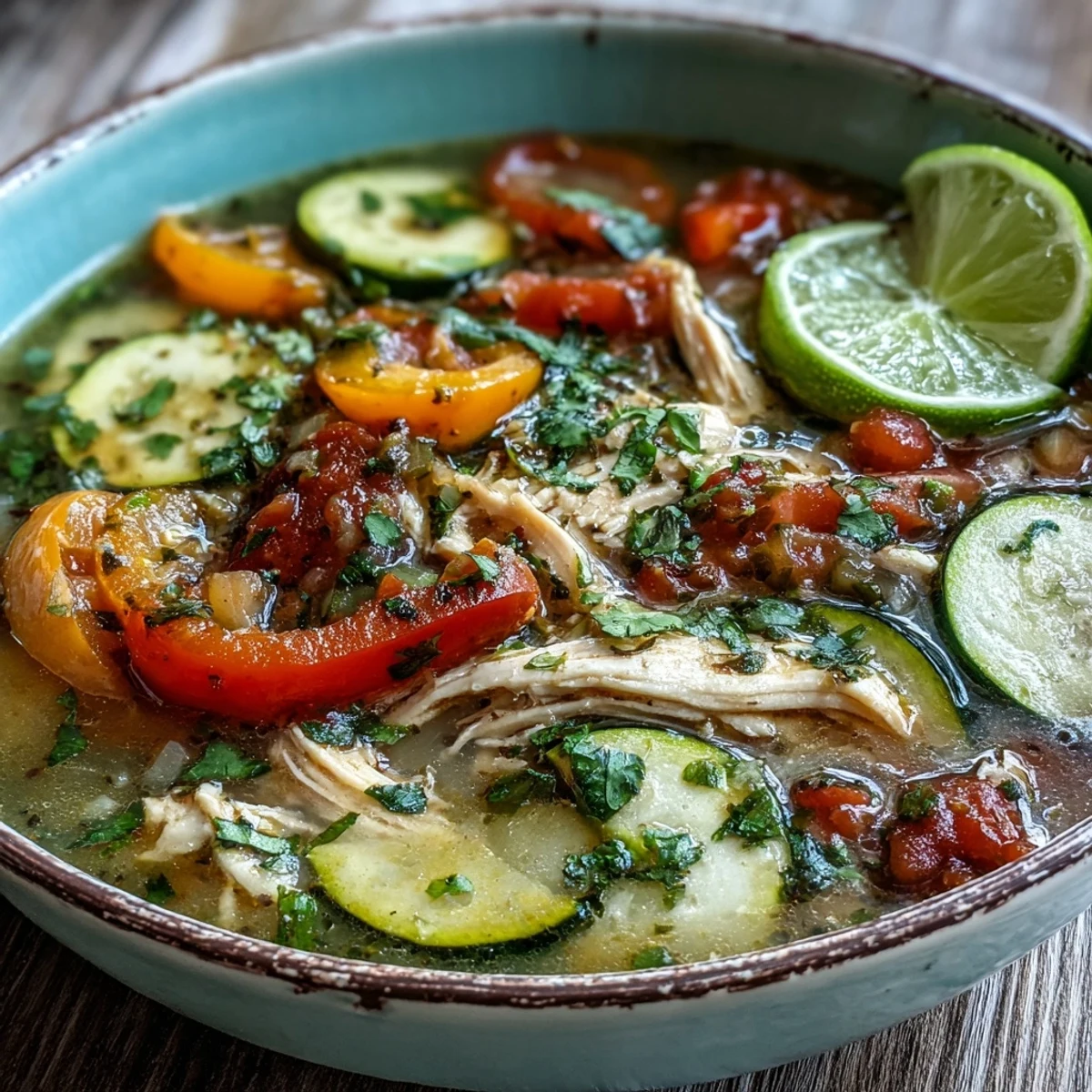 Close-up of hearty Skinny One-Pot Chicken Fajita Soup with tender chicken and vibrant vegetables.