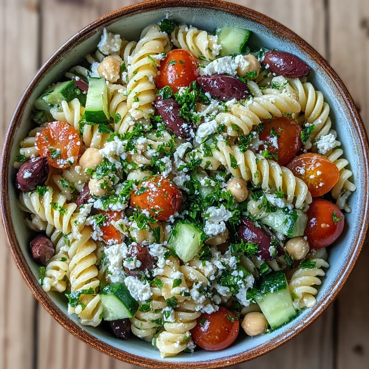 Close-up of Mediterranean Chickpea Pasta Salad with Cucumber and Olives tossed in a zesty lemon-herb vinaigrette.