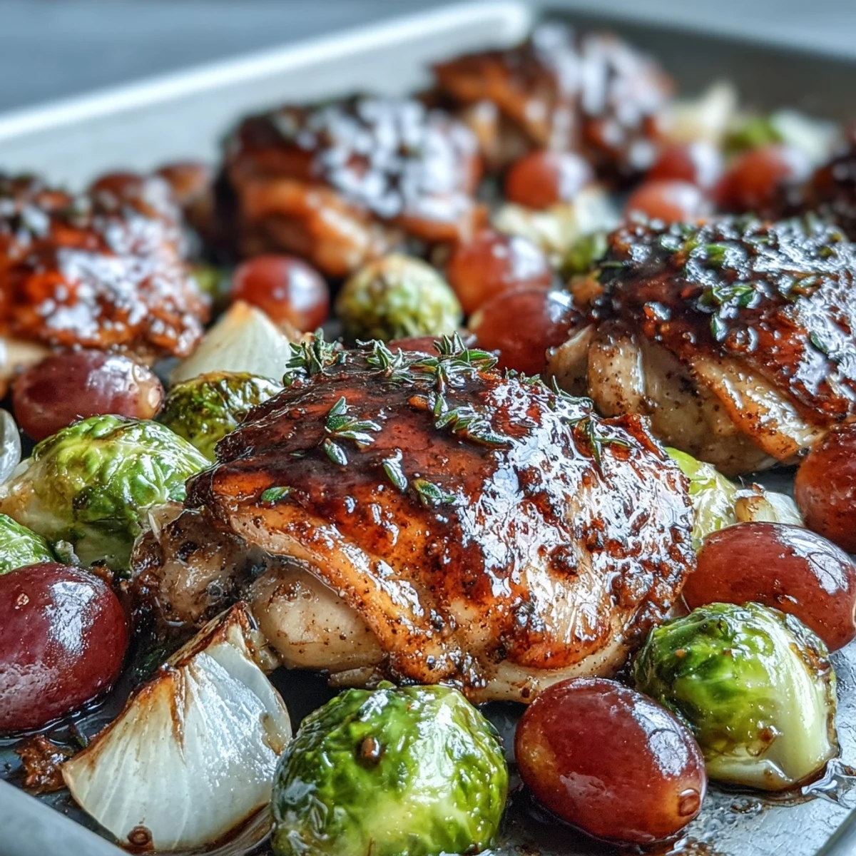 Juicy Sheet Pan Balsamic Chicken beside caramelized Brussels sprouts and roasted grapes on a sheet pan.