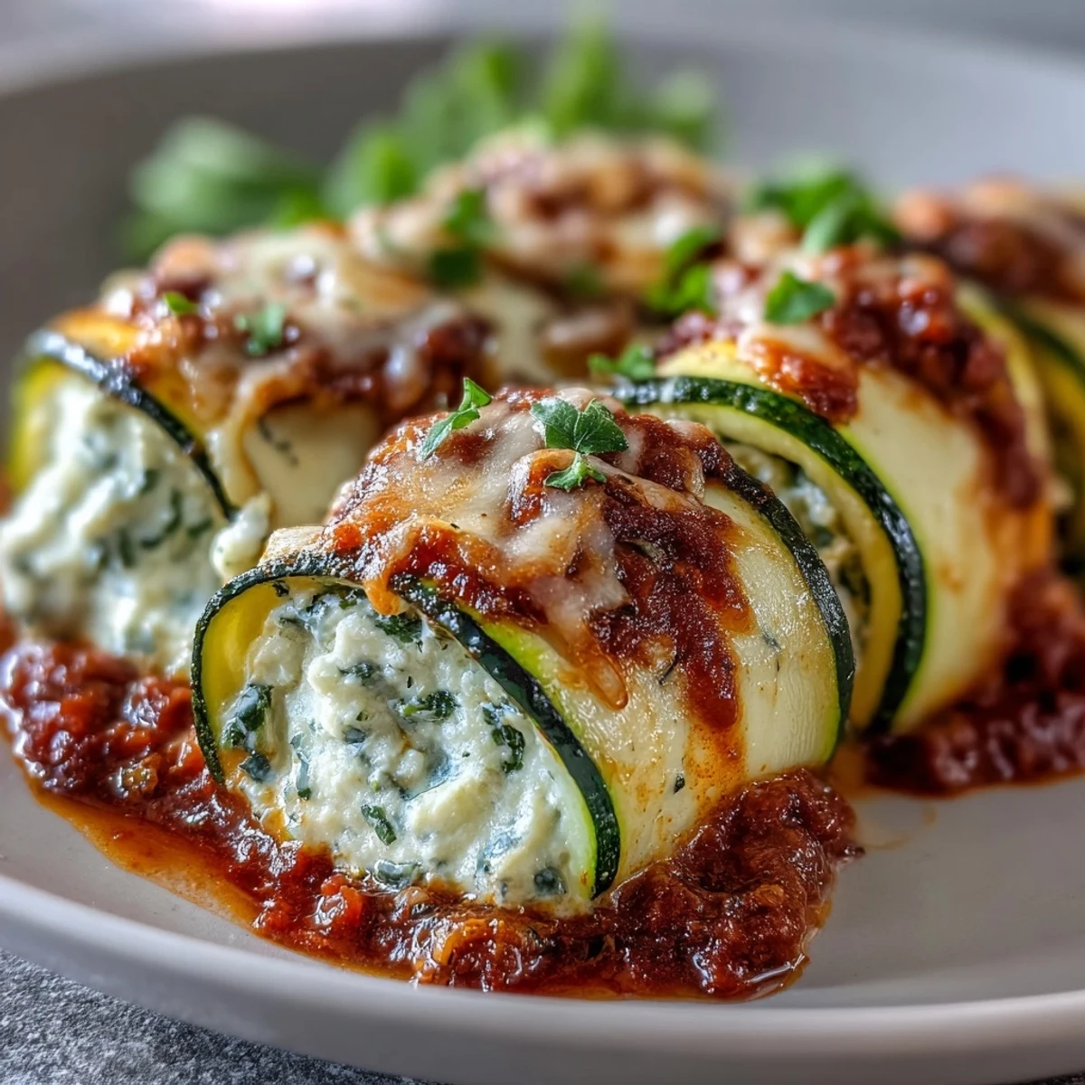 Ricotta-stuffed Keto Zucchini Lasagna Roll-Ups plated with a fork on the side for a weeknight keto meal.