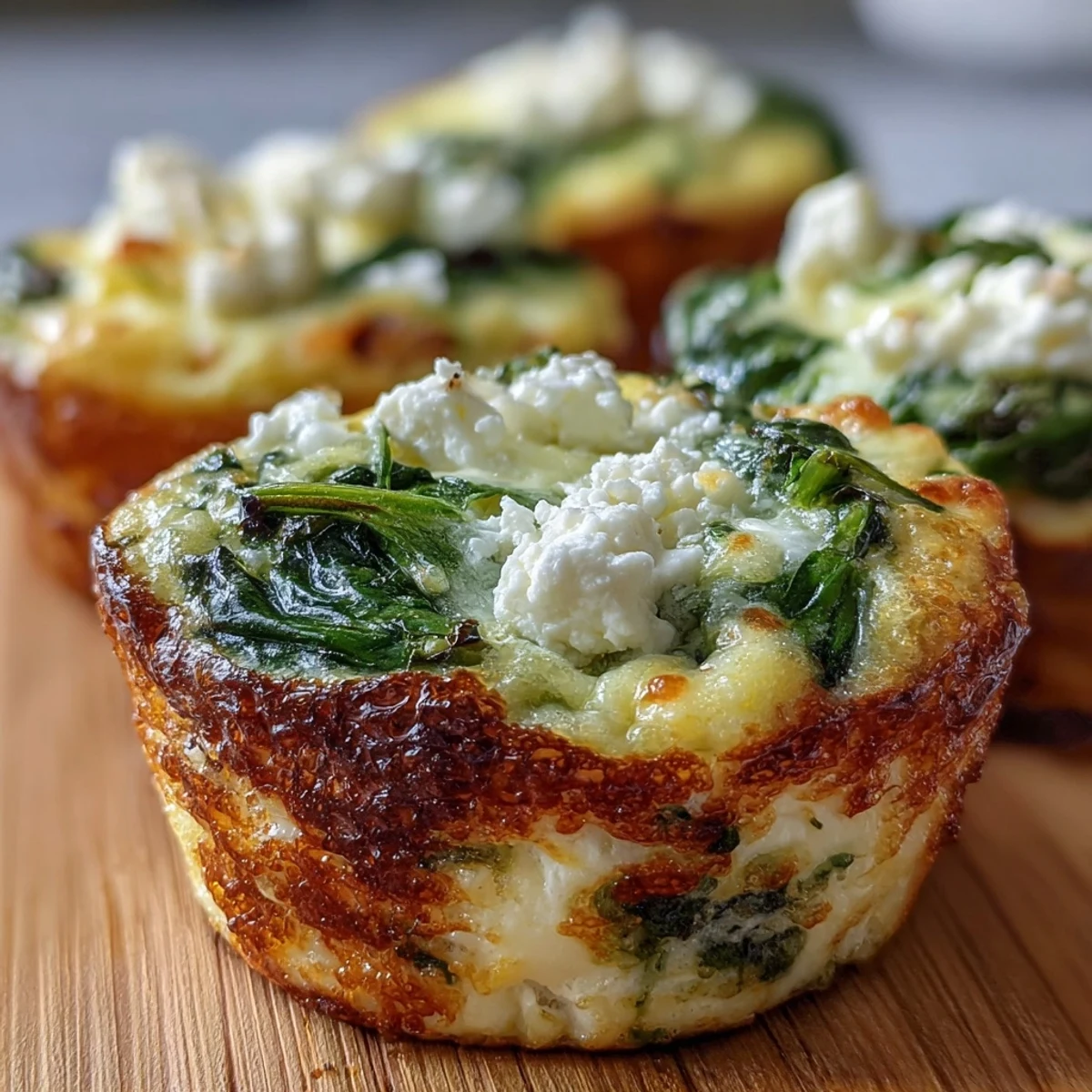 Golden Keto Spinach and Feta Egg Muffins, lightly baked and ready for a savory low-carb breakfast.