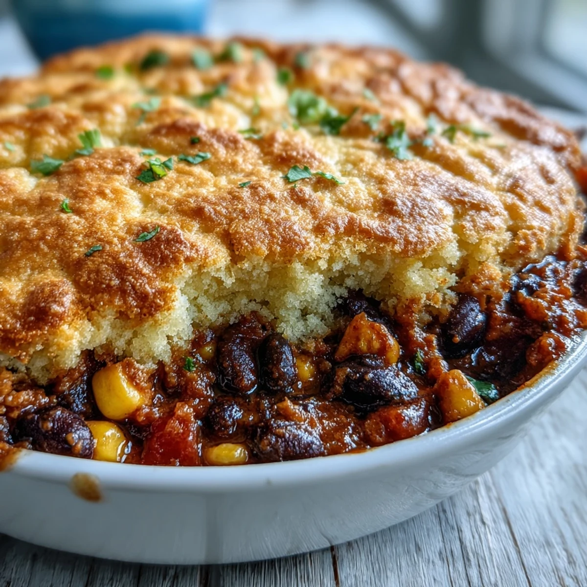 A slice of Vegan Taco Pot Pie with Black Beans and Cornbread-Style Topping reveals layers of savory filling and fluffy golden crust.
