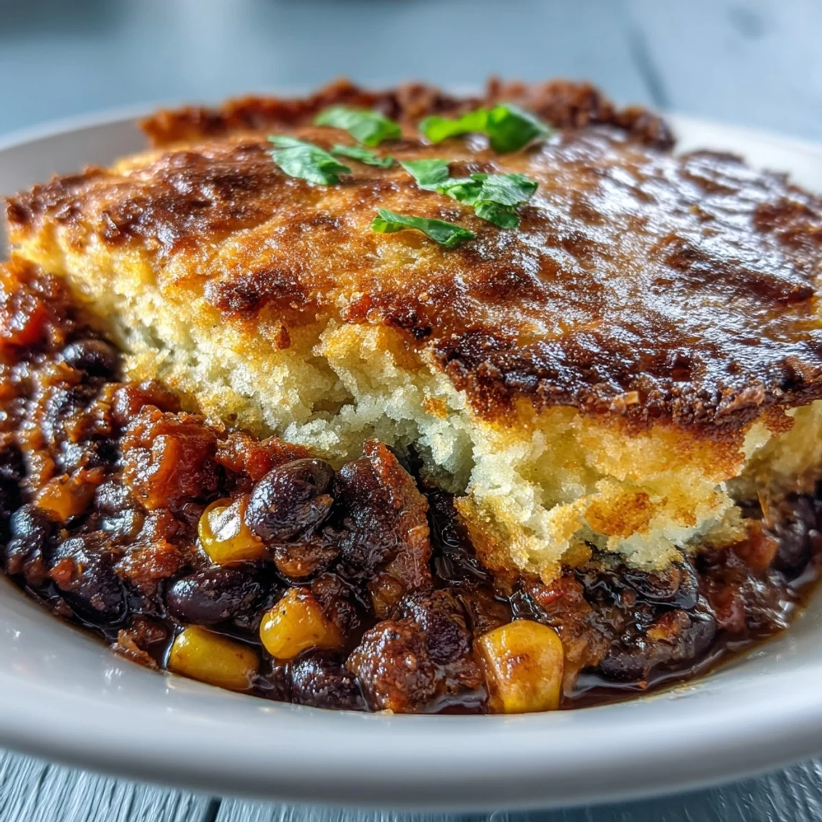 A wooden spoon scoops a hearty serving of Vegan Taco Pot Pie with Black Beans and Cornbread-Style Topping, steam rising from the casserole.